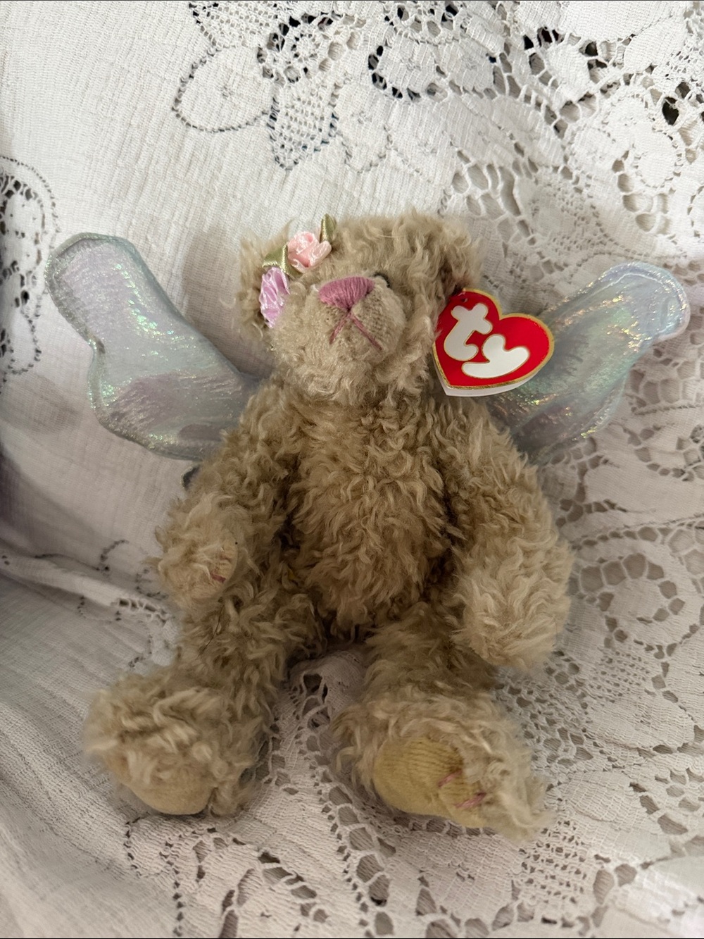 Ty Beige Fairy Bear with Iridescent Wings and Pink Accents